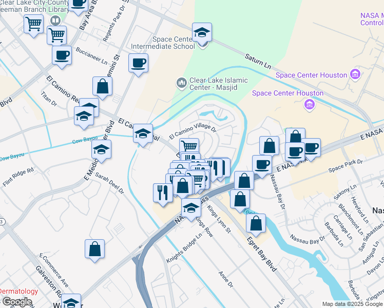 map of restaurants, bars, coffee shops, grocery stores, and more near 17641 El Camino Real in Houston