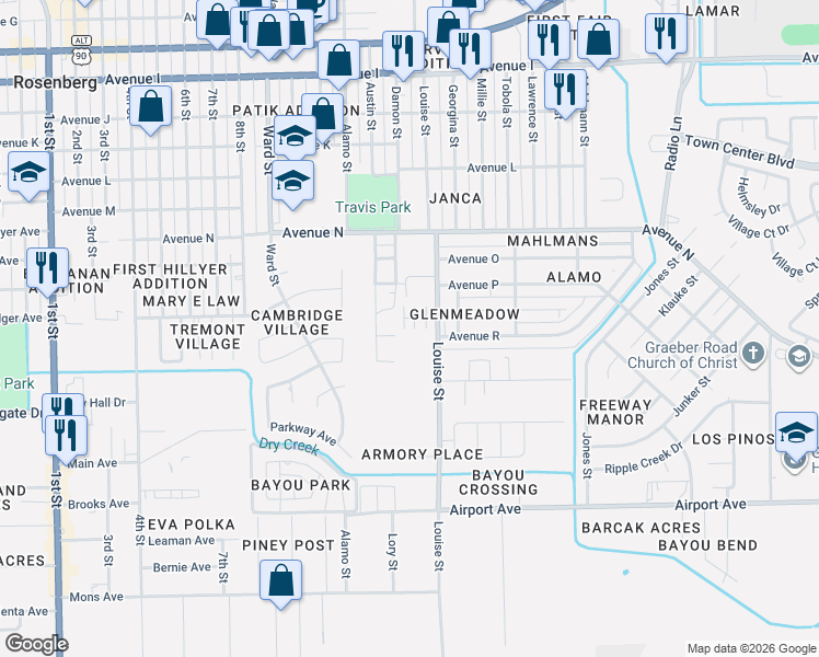 map of restaurants, bars, coffee shops, grocery stores, and more near 2002 Louise Street in Rosenberg