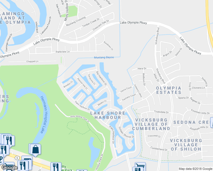map of restaurants, bars, coffee shops, grocery stores, and more near Bal Harbour Drive in Missouri City