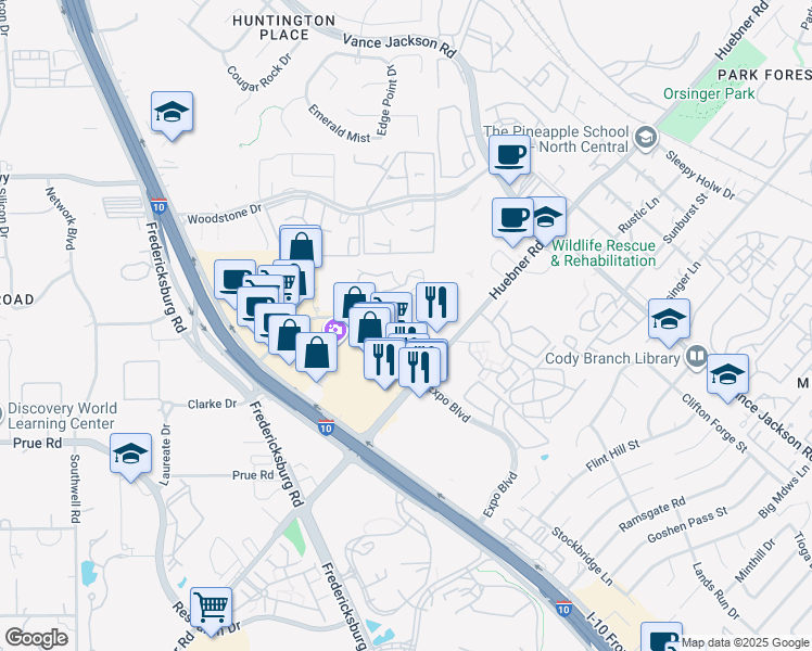 map of restaurants, bars, coffee shops, grocery stores, and more near 11020 Huebner Oaks in San Antonio