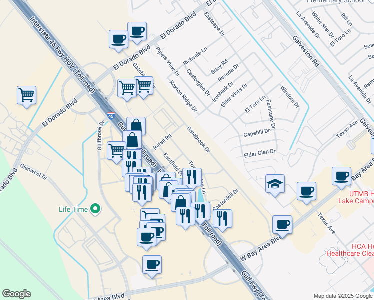 map of restaurants, bars, coffee shops, grocery stores, and more near 18833 Town Ridge Lane in Webster