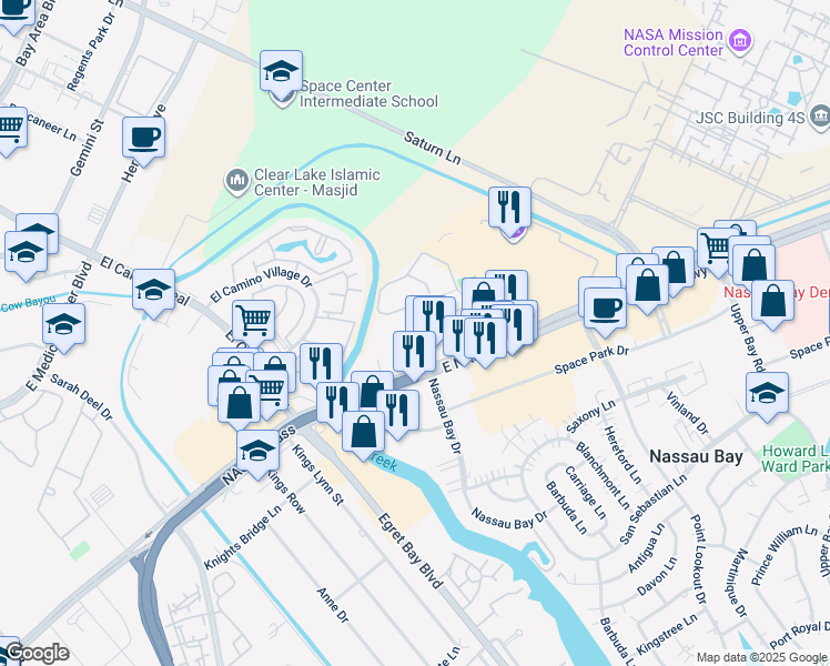 map of restaurants, bars, coffee shops, grocery stores, and more near 1235 East Nasa Parkway in Houston