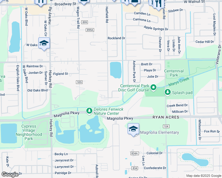 map of restaurants, bars, coffee shops, grocery stores, and more near 3206 Adams Street in Pearland