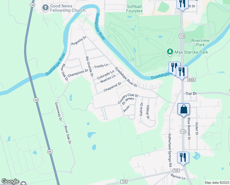 map of restaurants, bars, coffee shops, grocery stores, and more near 242 Parkridge Circle in Seguin