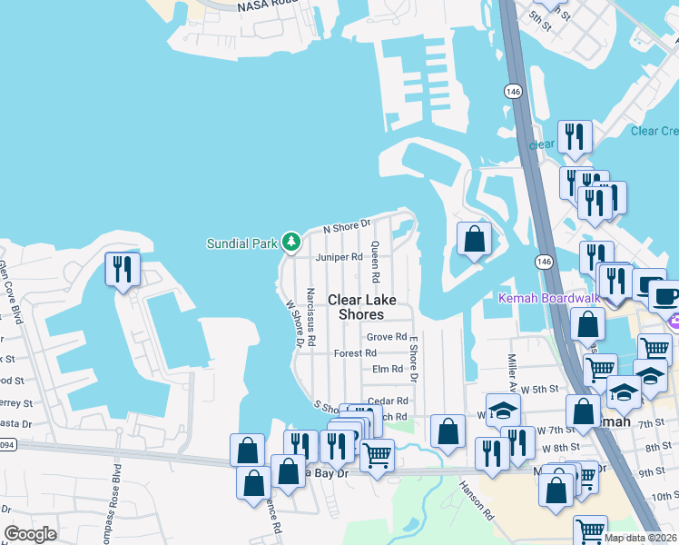 map of restaurants, bars, coffee shops, grocery stores, and more near 307 Pine Road in Kemah