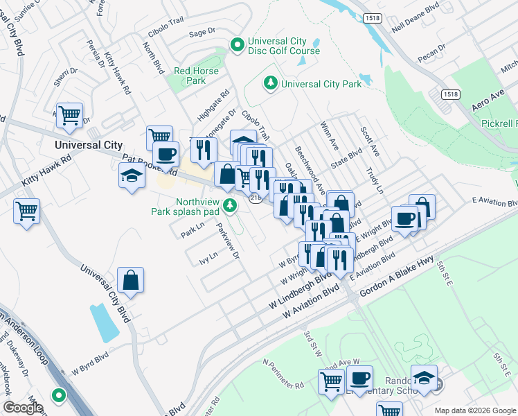 map of restaurants, bars, coffee shops, grocery stores, and more near 829 Pat Booker Road in Universal City