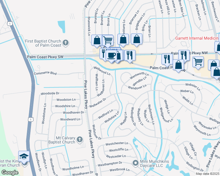 map of restaurants, bars, coffee shops, grocery stores, and more near 141 Wellwood Lane in Palm Coast