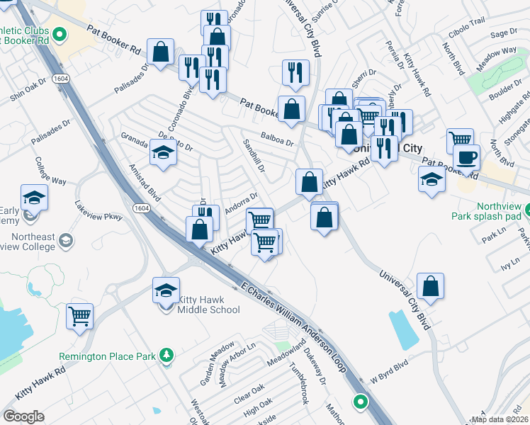 map of restaurants, bars, coffee shops, grocery stores, and more near 102 Bolerio Drive in Universal City