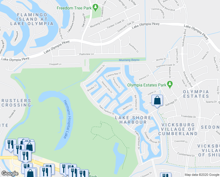 map of restaurants, bars, coffee shops, grocery stores, and more near 2311 Alassio Isle Court in Missouri City