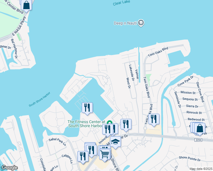 map of restaurants, bars, coffee shops, grocery stores, and more near 1301 Ketch Court in League City