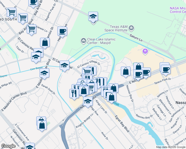 map of restaurants, bars, coffee shops, grocery stores, and more near 17633 El Camino Real in Houston