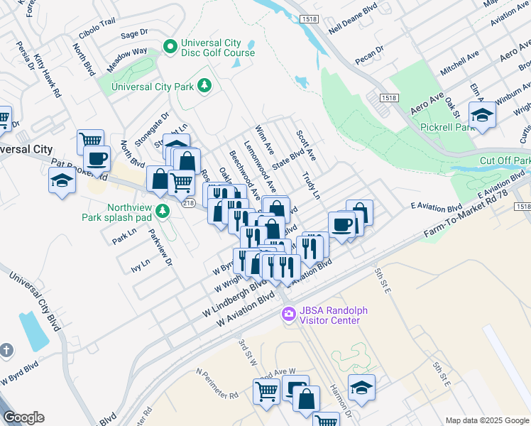 map of restaurants, bars, coffee shops, grocery stores, and more near 209 East Langley Boulevard in Universal City