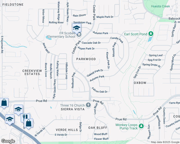 map of restaurants, bars, coffee shops, grocery stores, and more near 7766 Oakhill Park Drive in San Antonio