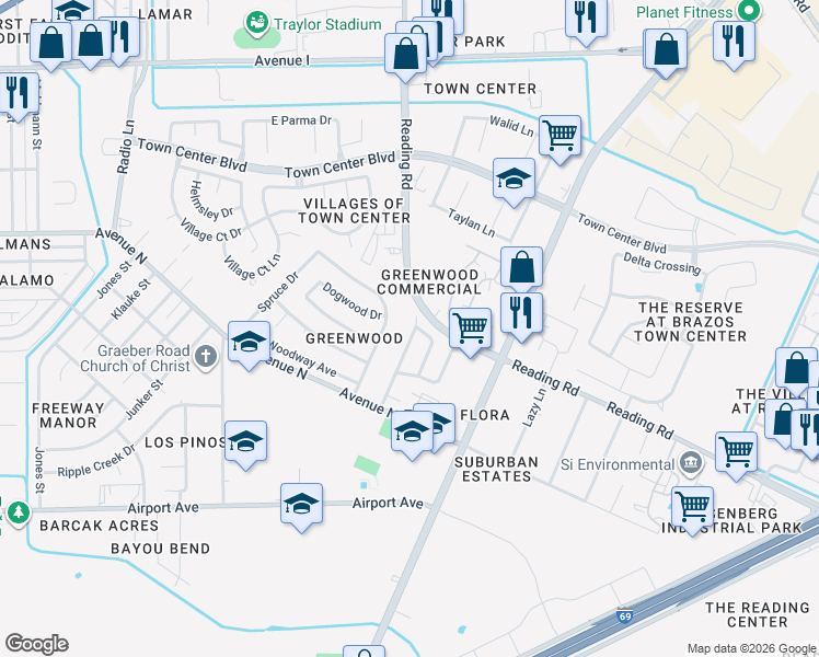 map of restaurants, bars, coffee shops, grocery stores, and more near 1728 Old Creek Drive in Rosenberg