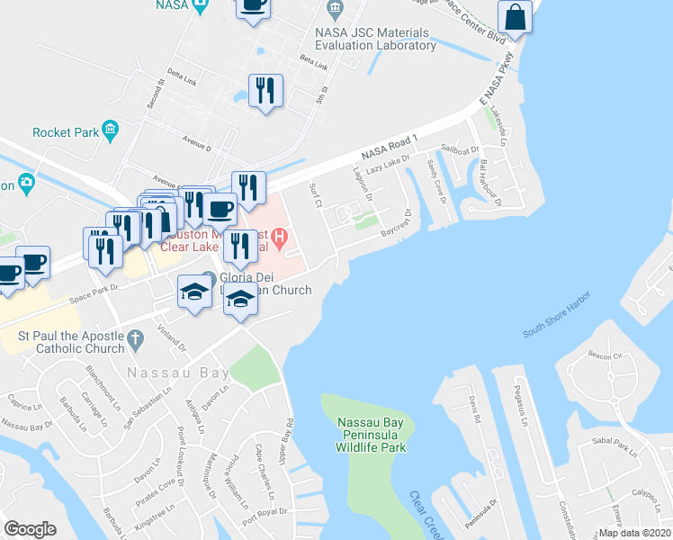 map of restaurants, bars, coffee shops, grocery stores, and more near 149 Surf Court in Houston