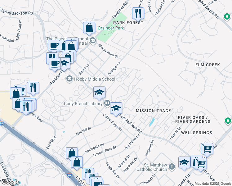 map of restaurants, bars, coffee shops, grocery stores, and more near 11700 Wall Street in San Antonio