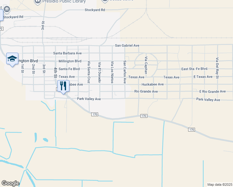 map of restaurants, bars, coffee shops, grocery stores, and more near Park Valley Avenue in Presidio