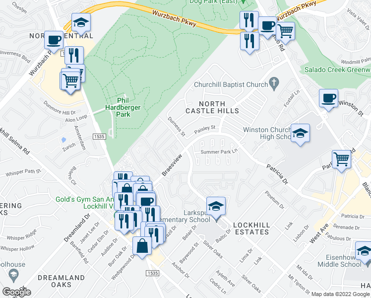 map of restaurants, bars, coffee shops, grocery stores, and more near 11801 Braesview in San Antonio