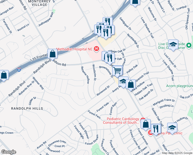 map of restaurants, bars, coffee shops, grocery stores, and more near 7203 Faros Court in Live Oak