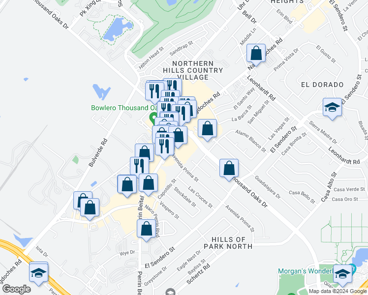 map of restaurants, bars, coffee shops, grocery stores, and more near 12018 Perrin Beitel Road in San Antonio