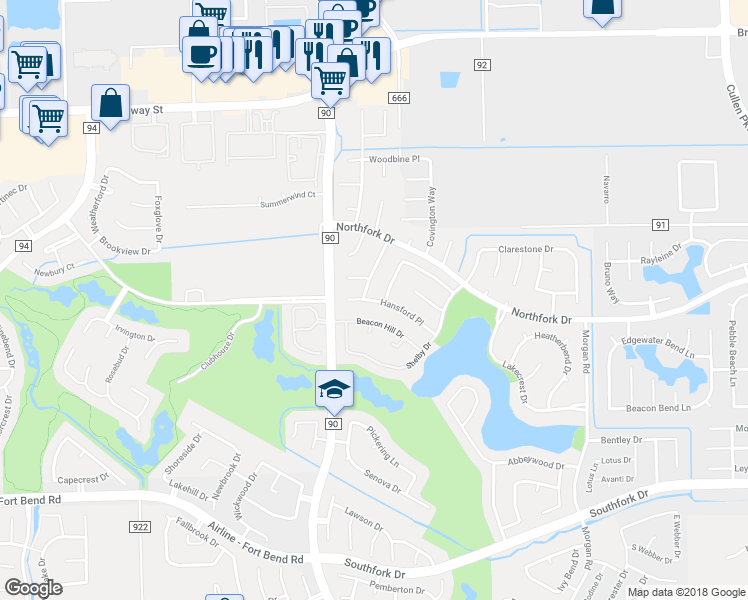 map of restaurants, bars, coffee shops, grocery stores, and more near 3537 Hansford Place in Pearland