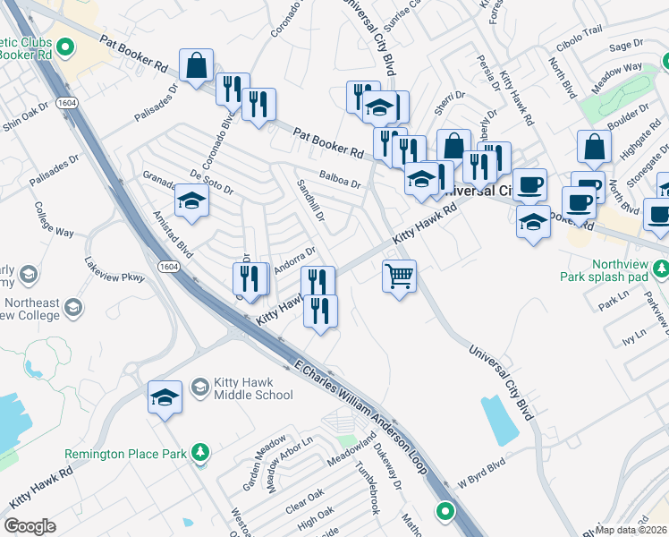 map of restaurants, bars, coffee shops, grocery stores, and more near 102 Bolerio Drive in Universal City