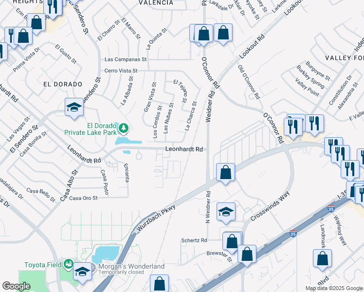 map of restaurants, bars, coffee shops, grocery stores, and more near 5302 Leonhardt Road in San Antonio