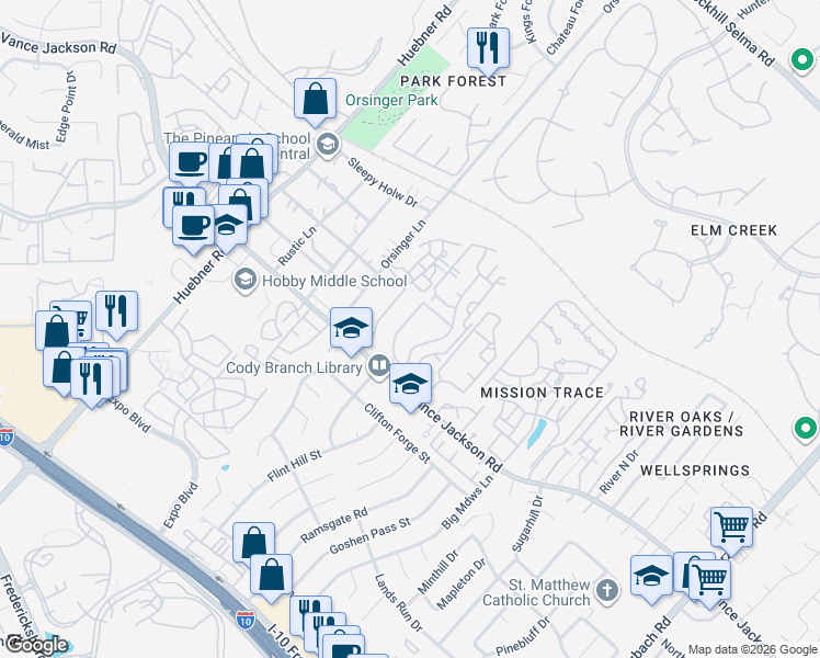 map of restaurants, bars, coffee shops, grocery stores, and more near 11700 Wall Street in San Antonio