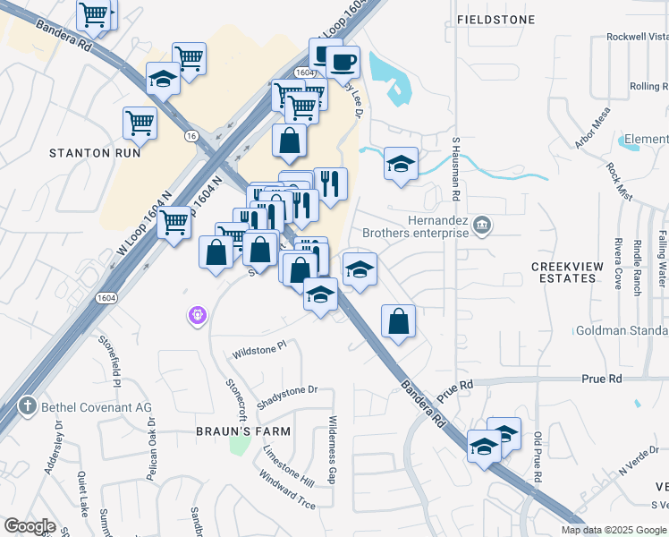map of restaurants, bars, coffee shops, grocery stores, and more near 11502 Fair Cove in San Antonio
