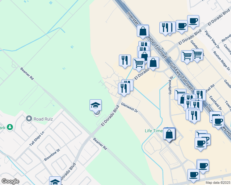 map of restaurants, bars, coffee shops, grocery stores, and more near 250 West El Dorado Boulevard in Friendswood