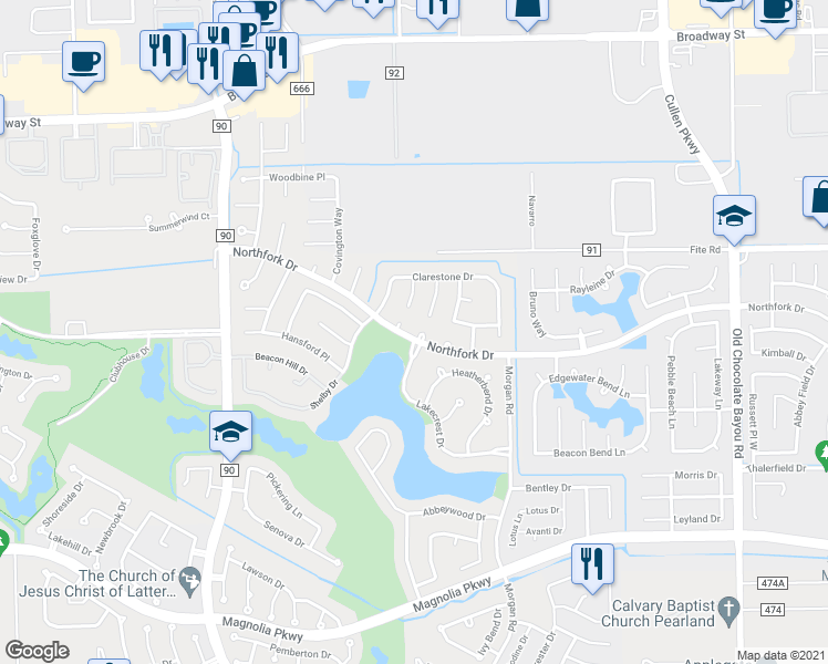 map of restaurants, bars, coffee shops, grocery stores, and more near 2510 Lake Crest Court in Pearland