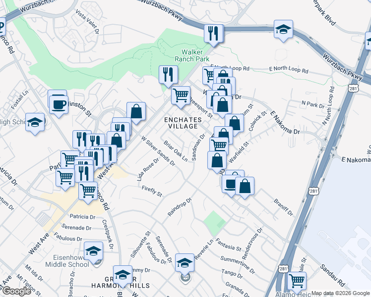 map of restaurants, bars, coffee shops, grocery stores, and more near 11811 Sandman Drive in San Antonio