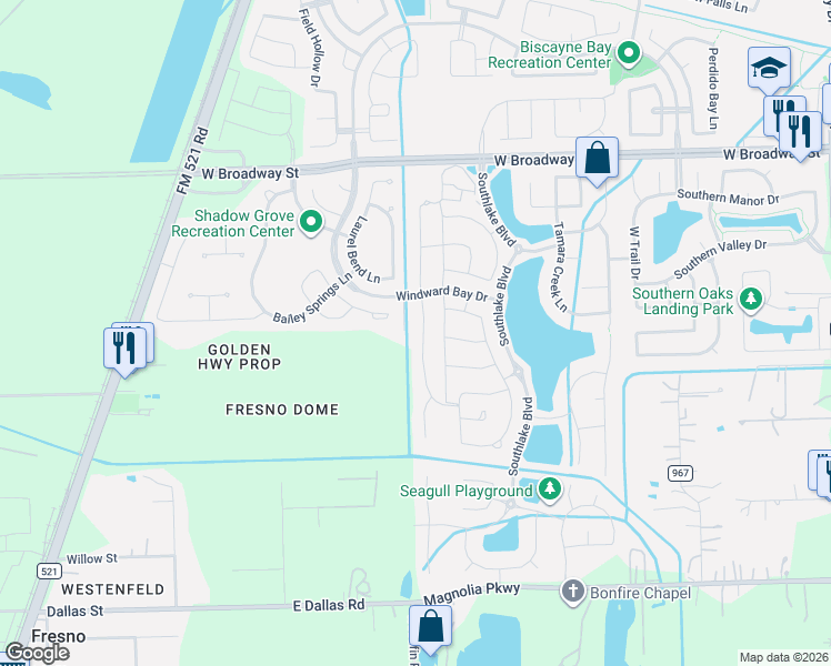 map of restaurants, bars, coffee shops, grocery stores, and more near 3325 Primrose Canyon Lane in Pearland