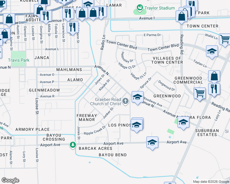 map of restaurants, bars, coffee shops, grocery stores, and more near 1633 Brumbelow Street in Rosenberg