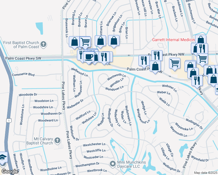 map of restaurants, bars, coffee shops, grocery stores, and more near 15 Wendover Lane in Palm Coast