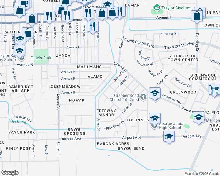 map of restaurants, bars, coffee shops, grocery stores, and more near 1801 Klauke Street in Rosenberg