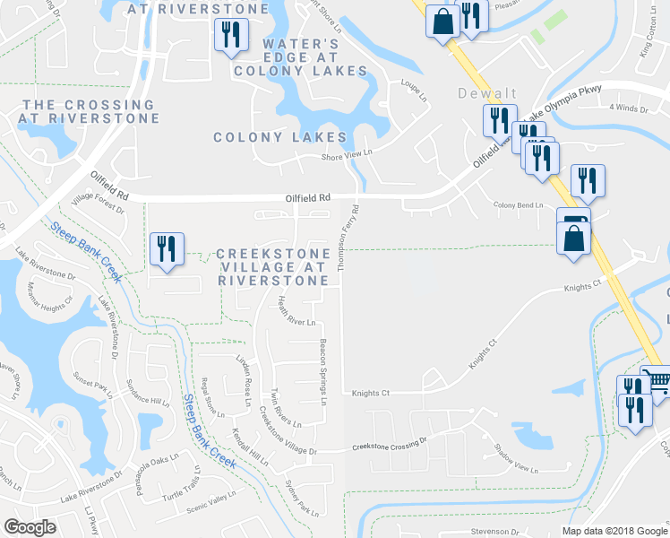 map of restaurants, bars, coffee shops, grocery stores, and more near 3814 Bluffstone Court in Sugar Land