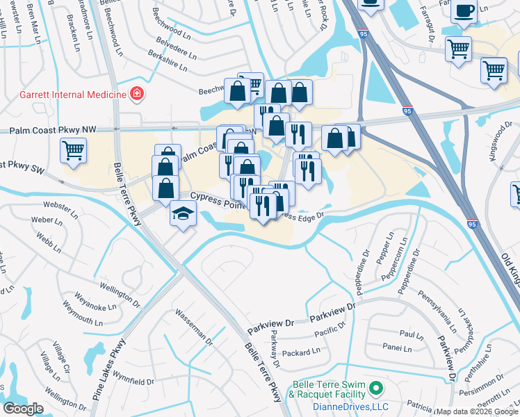 map of restaurants, bars, coffee shops, grocery stores, and more near 160 Cypress Point Parkway in Palm Coast