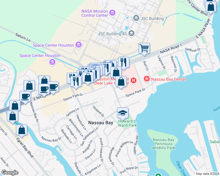 map of restaurants, bars, coffee shops, grocery stores, and more near 18100 Upper Bay Road in Houston
