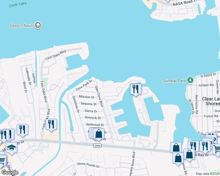 map of restaurants, bars, coffee shops, grocery stores, and more near 1911 Winn Street East in Kemah