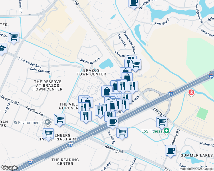 map of restaurants, bars, coffee shops, grocery stores, and more near 1402 Town Center Boulevard in Rosenberg