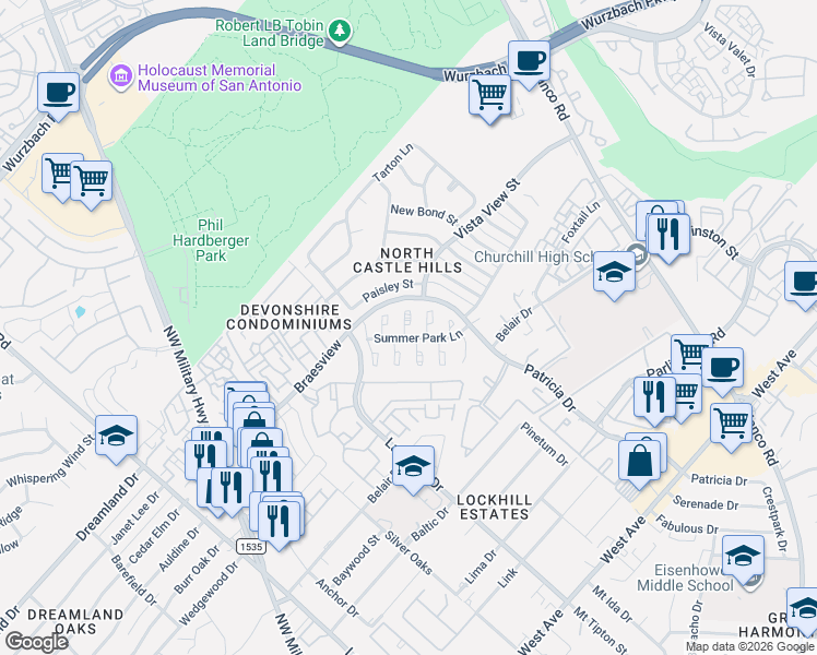 map of restaurants, bars, coffee shops, grocery stores, and more near 11826 Lady Palm Cove in San Antonio