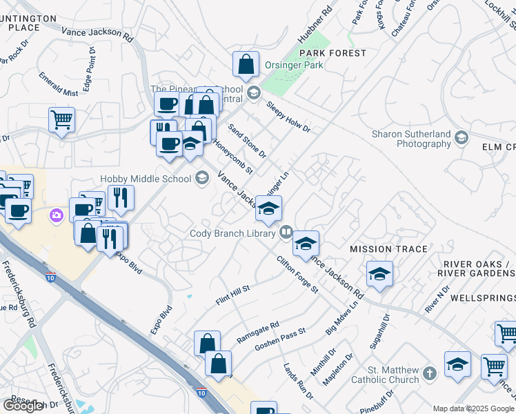 map of restaurants, bars, coffee shops, grocery stores, and more near Vance Jackson Rd & Orsinger Ln in San Antonio