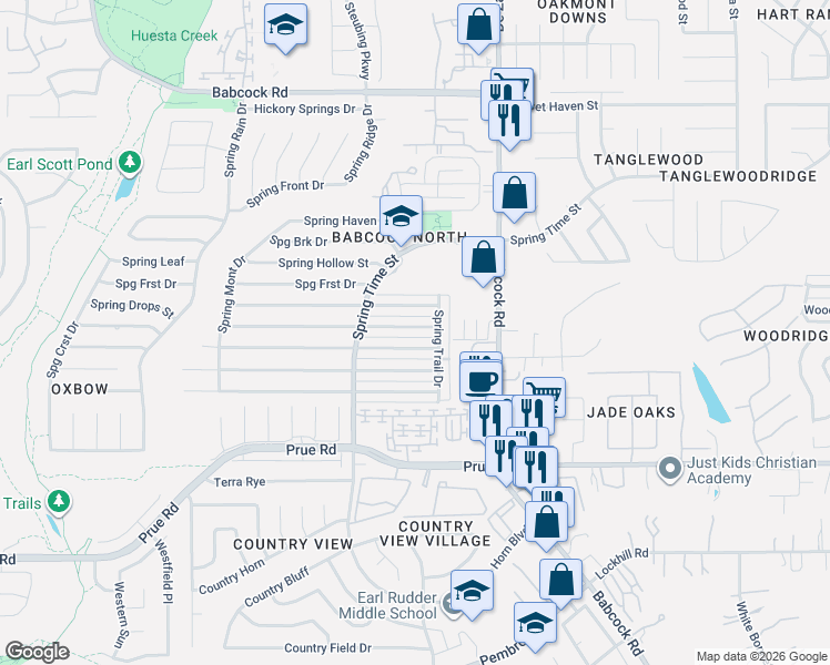 map of restaurants, bars, coffee shops, grocery stores, and more near 6502 Spring Lark Drive in San Antonio