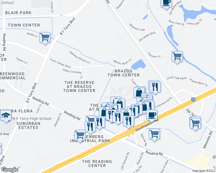 map of restaurants, bars, coffee shops, grocery stores, and more near 3011 Vista Drive in Rosenberg