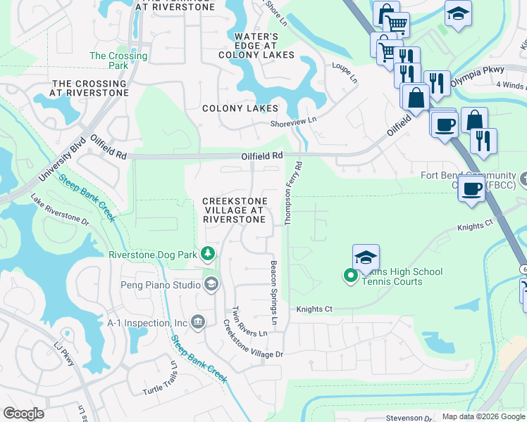 map of restaurants, bars, coffee shops, grocery stores, and more near 3802 Broken Pine Court in Sugar Land