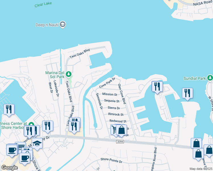 map of restaurants, bars, coffee shops, grocery stores, and more near 2117 East Winn Street in Kemah