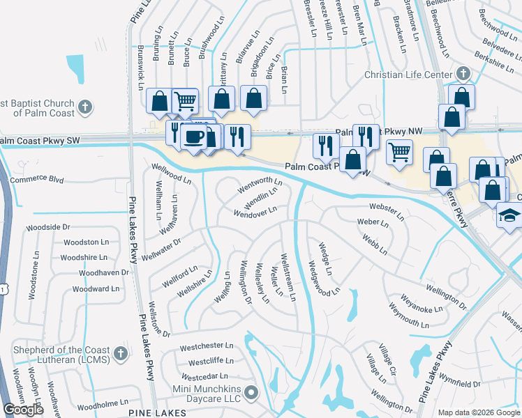 map of restaurants, bars, coffee shops, grocery stores, and more near 20 Wendover Lane in Palm Coast