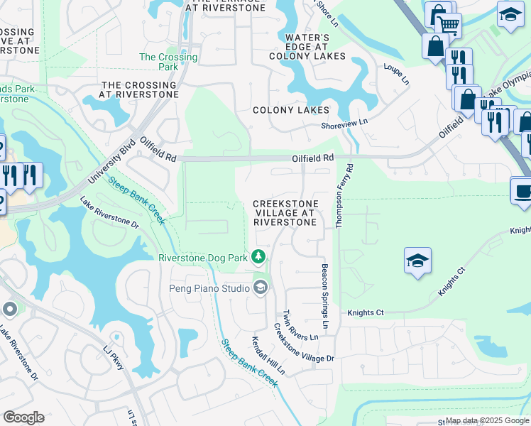 map of restaurants, bars, coffee shops, grocery stores, and more near 5226 Pebble Bluff Lane in Sugar Land