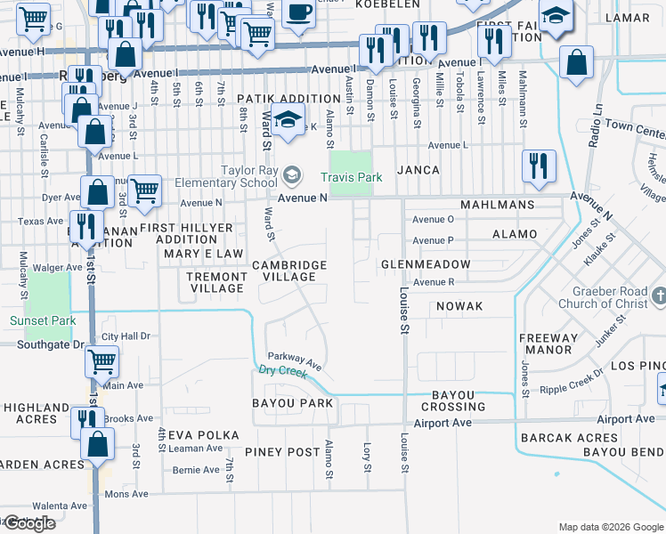 map of restaurants, bars, coffee shops, grocery stores, and more near 2721 Davis Avenue in Rosenberg